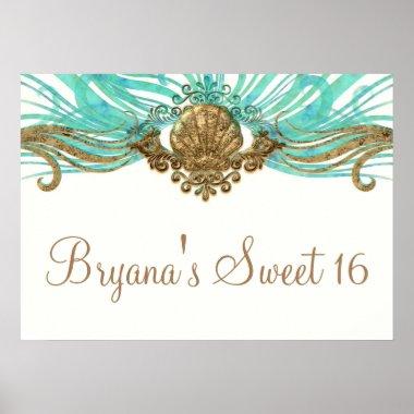 Gold & Teal Sea Shell Glam Beach Banner Poster