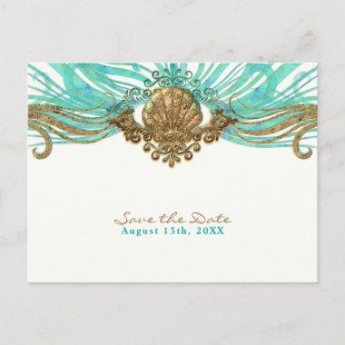 Gold & Teal Sea Shell Glam Beach Save the Date Announcement PostInvitations