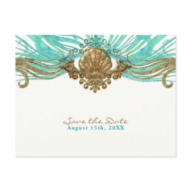 Gold & Teal Sea Shell Glam Beach Save the Date Announcement Post