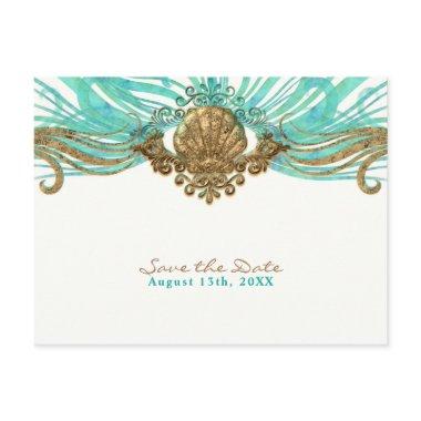 Gold & Teal Sea Shell Glam Beach Save the Date Announcement PostInvitations