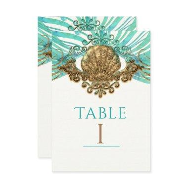 Gold & Teal Sea Shell Glam Beach Table Number Card