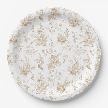 Gold Toile De Jouy Vintage Floral Chinoiserie Paper Plates