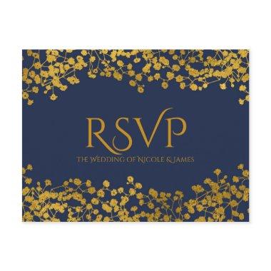 Gold Tone Baby's Breath Blue Elegant Floral RSVP Invitation PostInvitations