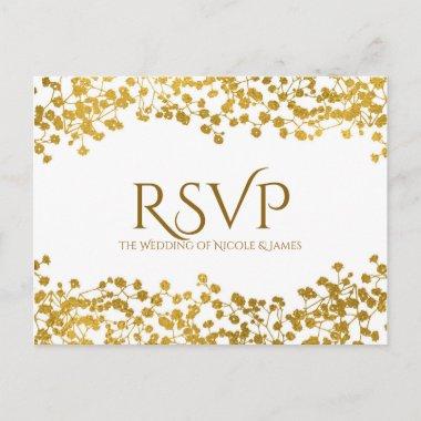 Gold Tone Baby's Breath White Elegant Floral RSVP Invitation PostInvitations