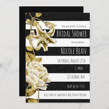 Gold Tone Floral Black & White Striped Invitations