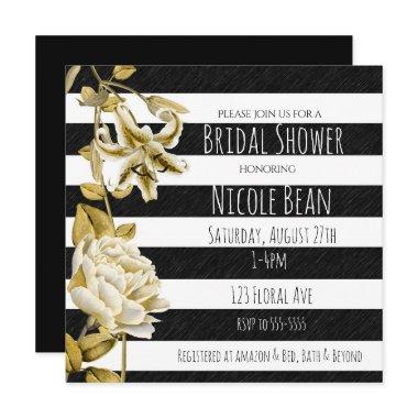 Gold Tone Floral Black & White Striped