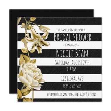 Gold Tone Floral Black & White Striped Invitations