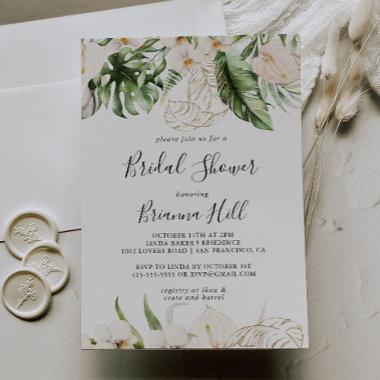 Gold Tropical Foliage Floral Bridal Shower Invitations