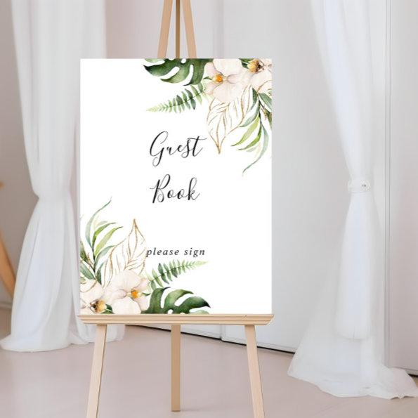 Gold Tropical Foliage Floral Guest Book Sign