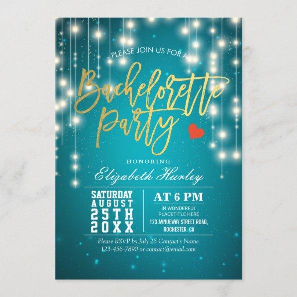 Gold Turquoise String Lights Bachelorette Party Invitations