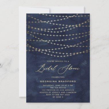 Gold Twinkle String Lights Navy Blue Bridal Shower Invitations