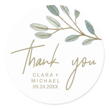 Gold Veined Eucalyptus Thank You Wedding Favor Classic Round Sticker