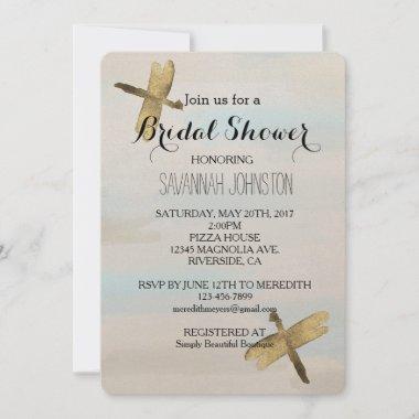 Gold Watercolor Dragonflies bridal shower Invitations