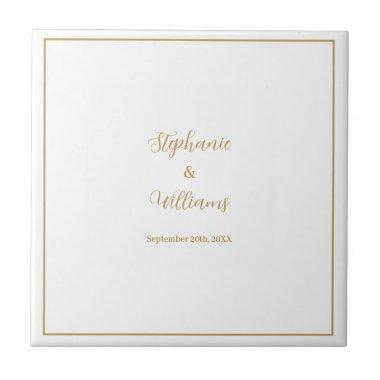 Gold White Elegant Simple Name Wedding Gift Favor Ceramic Tile