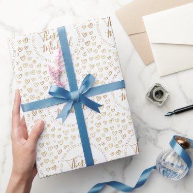 Gold White Hearts DIY Names Engagement Wrapping Paper