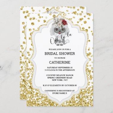 Gold white poodle bride glitter string lights Invitations