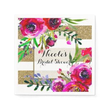 Gold White Stripes Bold Glam Floral Bridal Shower Napkins