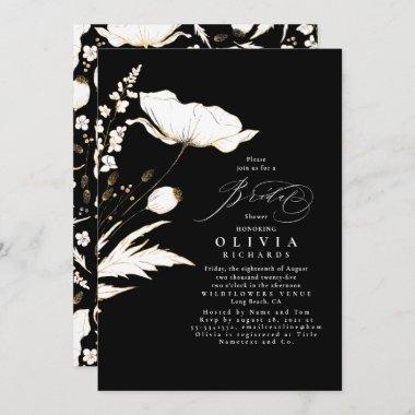 Gold Wildflowers Black Elegant Chic Bridal Shower Invitations