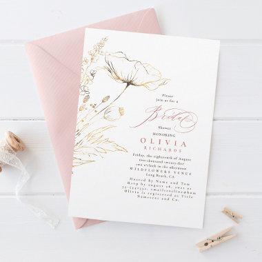 Gold Wildflowers Dusty Pink Chic Bridal Shower Invitations