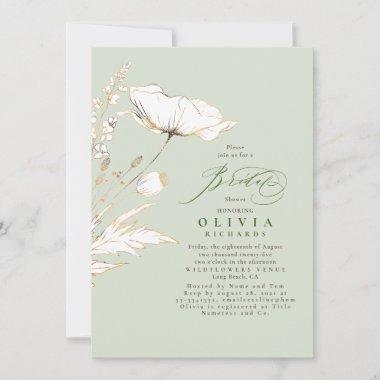 Gold Wildflowers Sage Green Chic Bridal Shower Invitations