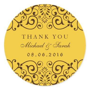 Gold Yellow Vintage Swirl Floral Thank You Sticker
