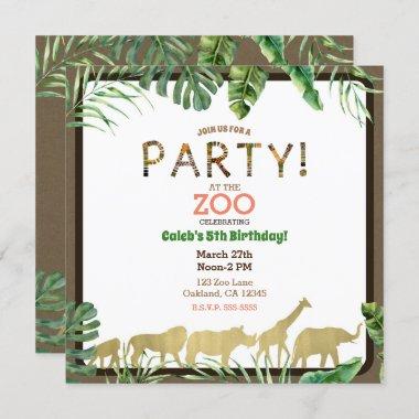 Gold Zoo Animals Jungle Safari Birthday Party Invitations