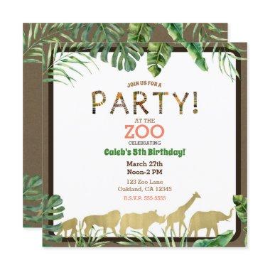 Gold Zoo Animals Jungle Safari Birthday Party Invitations