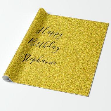Golden Black Happy Birthday Glitter Custom Name Wrapping Paper