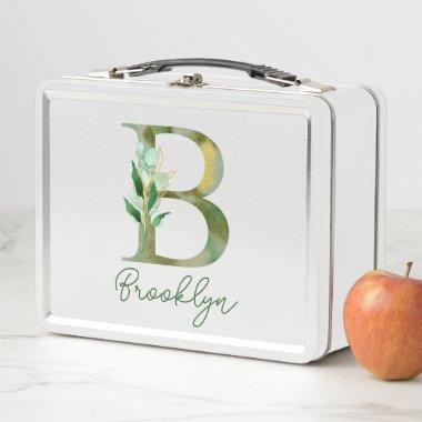 Golden Branches Foliage Greenery Letter B Monogram Metal Lunch Box