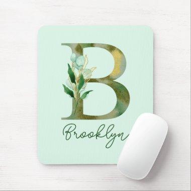 Golden Branches Foliage Greenery Letter B Monogram Mouse Pad