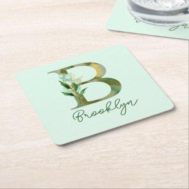 Golden Branches Foliage Greenery Letter B Monogram Square Paper Coaster