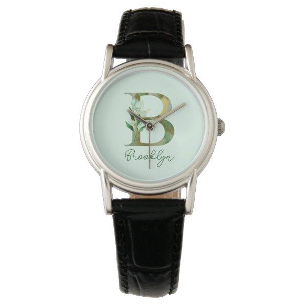Golden Branches Foliage Greenery Letter B Monogram Watch