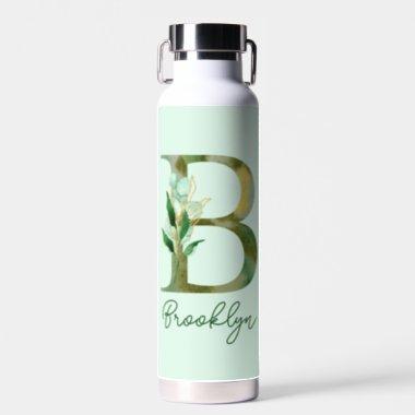 Golden Branches Foliage Greenery Letter B Monogram Water Bottle