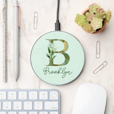 Golden Branches Foliage Greenery Letter B Monogram Wireless Charger