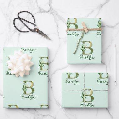 Golden Branches Foliage Greenery Letter B Monogram Wrapping Paper Sheets