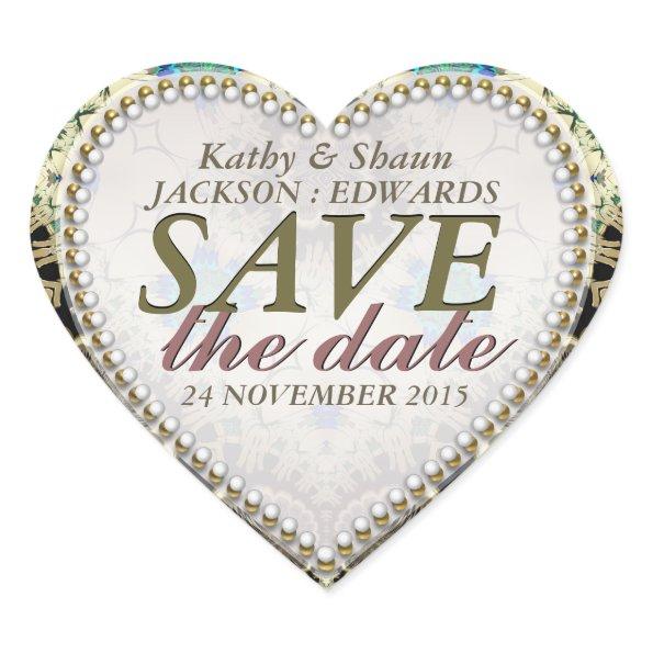 Golden Bronze Vintage Save the Date Heart Stickers