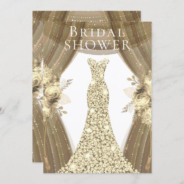 Golden Dress & Flowers Elegant Bridal Shower Invitations