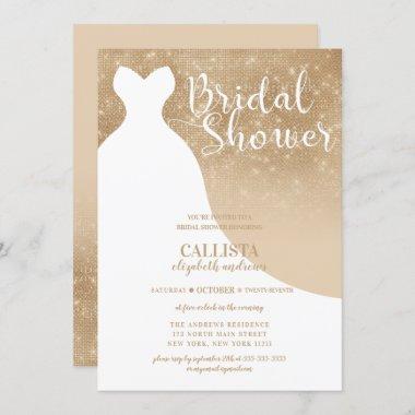 Golden Gold Glitter Dress Bridal Shower Invitations