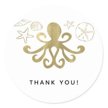 Golden Octopus & Sea Shells Beach Birthday Party Classic Round Sticker