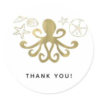 Golden Octopus & Sea Shells Beach Birthday Party Classic Round Sticker