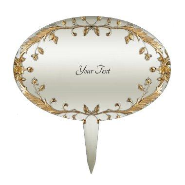 Golden Ornate White Flowers Cake Topper