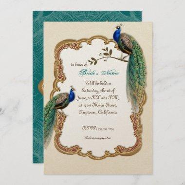 Golden Peacock & Calligraphy Swirls Invitations