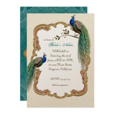 Golden Peacock & Calligraphy Swirls Invitations