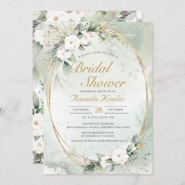 Golden Sage White Floral Elegant Bridal Shower Invitations