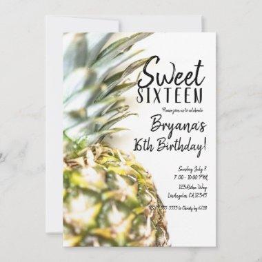 Golden Tropical Pineapple Sweet 16 Beach Party Invitations