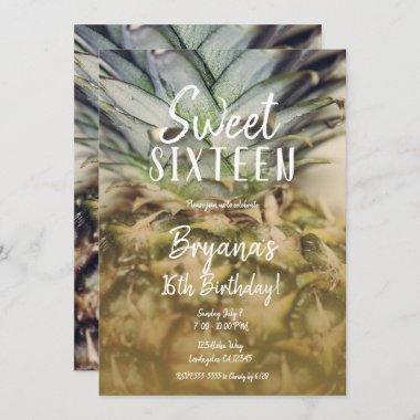 Golden Tropical Pineapple Sweet 16 Party Invitations