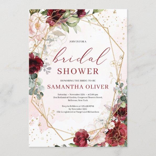 Gorgeous blush burgundy floral gold Bridal Shower Invitations