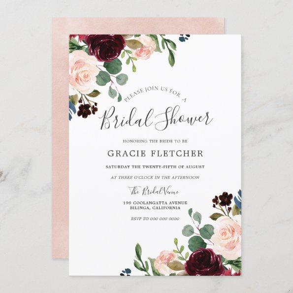 Gorgeous Blush & Burgundy Flowers Bridal Shower Invitations