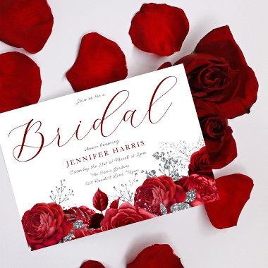 Gorgeous Red Roses & Silver Bridal Shower Invitations