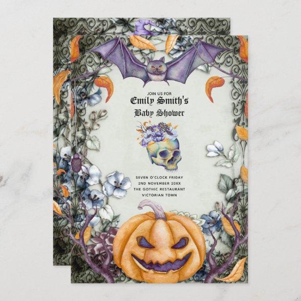 Goth Halloween Baby Shower Purple Orange Skulls Invitations